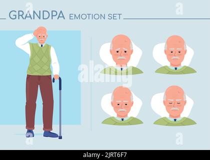 Doubting senior man semi flat color character emotions set Stock Vector