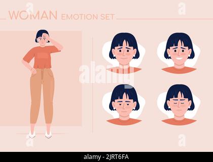 Ashamed young woman semi flat color character emotions set Stock Vector