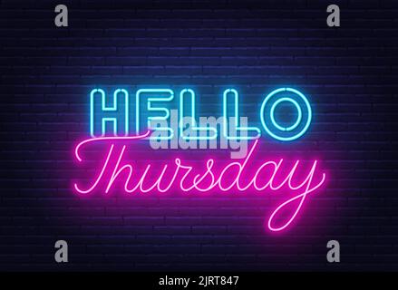 Hello Thursday sign on brick wall background. Stock Vector