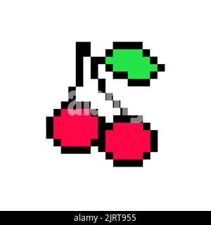 Pixel cherry icon game vector fruit. 8 bit pixel red cherry vector Stock Vector