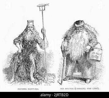 Engraving of Father Neptune and his Doctor, from A Voyage in the Sunbeam by Baroness Anna 'Annie' Brassey (1839 – 1887), published 1878 Stock Photo