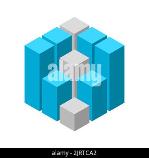 3D graph cube template. Statistics, data, calculation concept. Blue and gray columns and rows. Algorithm prediction idea. Financial chart symbol. Stock Vector