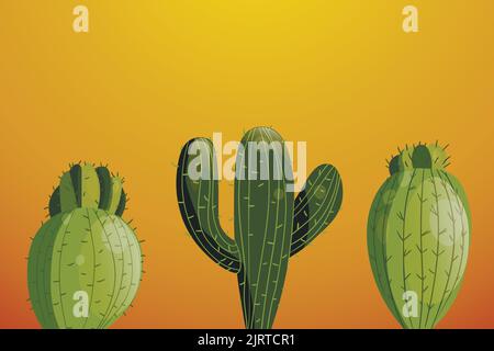 Tall succulent cactuses with thorns on color background. Vector drawing set illustration for icon, game, packaging, banner. Wild west, western, cowboy Stock Vector