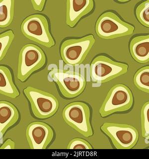 Cute avocado on color background. Green avocados with leaves and slice. Natural delicious fresh ripe tasty summer fruit. Vector illustration for Stock Vector