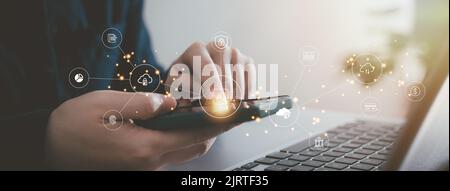 AI chip and new technology bigdata and business design concept with fingerprint system,  cloud computing and online smart industry storage. Stock Photo