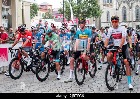 Meiningen, Germany. 26th Aug, 2022. Cycling: Tour of Germany, Meiningen - Marburg (200.70 km), stage 2. Immediately before the neutralized start Credit: Daniel Vogl/dpa/Alamy Live News Stock Photo