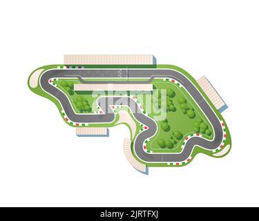 The race circuit from a top view is isolated on a white background. The racing track is including a pit lane, grandstands, boxes, trees, and gravel Stock Vector