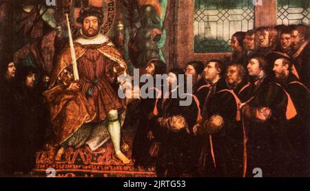 Henry VIII and the Barber Surgeons, c1543. After Hans Holbein the Younger (c1497-1543). This large-scale work was commissioned to commemorate the grant of a royal charter to the Company of Barbers and the Guild of Surgeons on their merger in 1540. Stock Photo