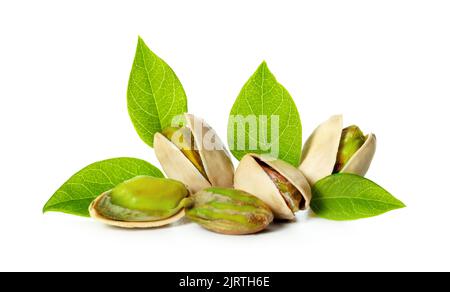 pistachio nuts with leaves isolated on white background Stock Photo