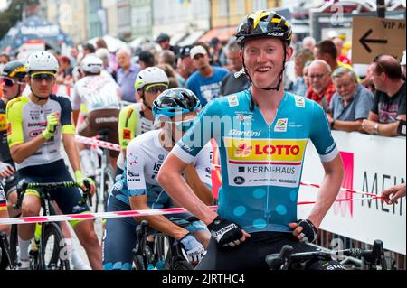 Meiningen, Germany. 26th Aug, 2022. Cycling: Tour of Germany, Meiningen - Marburg (200.70 km), 2nd stage. Jakob Geßner from Germany of Lotto Kern-Haus Team shortly before the start. Credit: Daniel Vogl/dpa/Alamy Live News Stock Photo