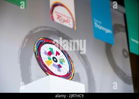 Meiningen, Germany. 26th Aug, 2022. Cycling: Tour of Germany, Meiningen - Marburg (200.70 km), 2nd stage. The logo of the Tour of Germany on the stage just before the start of the second stage. Credit: Daniel Vogl/dpa/Alamy Live News Stock Photo