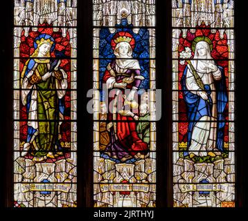 Detail of St Margaret, St Elizabeth & St Catherine in the Seton Watson window of Perth cathedral, Scotland. Stock Photo