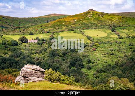 View from Bench Tor, across the valley of the River Dart to Sharp Tor.  Dartmoor National Park, Devon, UK. Stock Photo