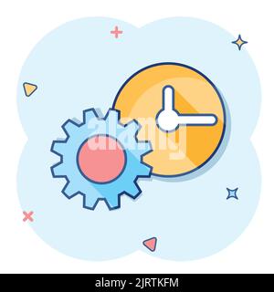 Vector cartoon clock icon in comic style. Project management sign illustration pictogram. Timer with gear business splash effect concept. Stock Vector