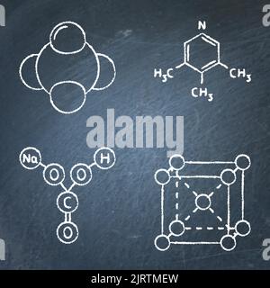 Chemistry science icon set on chalkboard. Chemical formula and molecule structure symbols. Vector illustration. Stock Vector