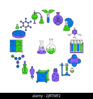 Chemistry round banner in colored line style. Poster with chemical symbols. Vector illustration. Stock Vector