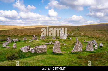 Down Tor cairn circle, also called Hingston Hill circle adjoins a stone row that is 1145 feet long.  Hingston Down, Dartmoor National Park, Devon, UK. Stock Photo