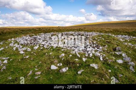 A large ridge-top cairn, 17 meters in diameter is found to the east of the Hingston Hill stone row, Hiingston Down, Dartmoor, Devon, UK. Stock Photo