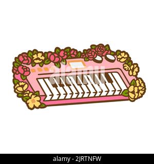 Cute hand drawn synthesizer with flowers. Color image of synthesizer in flat design. Synthesizer badge. Vector illustration. Stock Vector