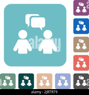 Two talking persons with rounded square bubbles solid white flat icons on color rounded square backgrounds Stock Vector