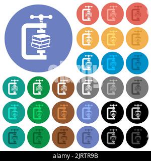 compressing books with vise clamp multi colored flat icons on round backgrounds. Included white, light and dark icon variations for hover and active s Stock Vector