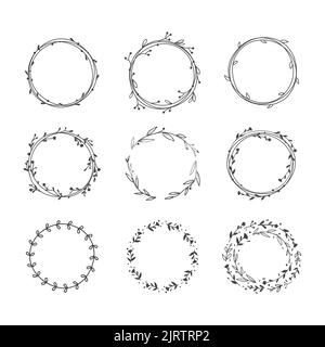 Floral circle wreath frame vector template. Branches, leaves and flowers doodle hand drawn line border. Stock Vector