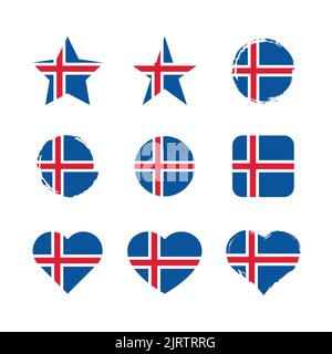 Iceland vector circle and heart flag set. Icelandic dry brush and grunge effect stamp flags. Stock Vector