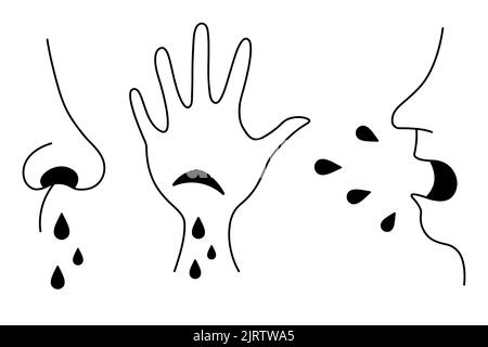 Human nose side view, runny nose, cut on the palm, wound with blood drops, coughing and sneezing. Silhouettes of splashes and drops. doodle style set Stock Vector
