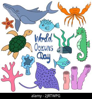 Ocean dwellers. Color vector illustration collection. Aquatic animals and plants. Whale, seahorse, turtle. Cartoon style. Isolated background. Stock Vector