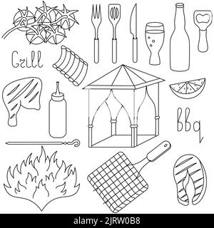 Picnic, barbecue. Sketch. Collection of vector illustrations for outdoor recreation. Barbecue items. Canopy, grill grate, cherry tomatoes, chicken leg Stock Vector