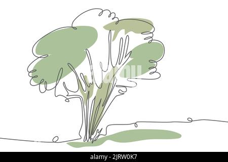 Forest gardet tree. Hand drawn icon continuous line drawing and green flat silhouette. Ecological trendy grafic concept One single line design Stock Vector