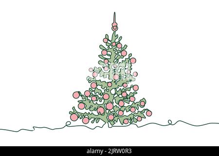 Christmas tree. Hand drawn icon continuous line drawing and green flat silhouette. Holiday trendy concept One single line design. Outline simple image Stock Vector