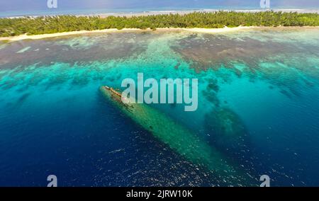 Aerial view of the wreck Prinz Eugen, a German heavy cruiser, sunken at 22nd December 1946, Kwajalein Atoll, Marshall Islands Stock Photo