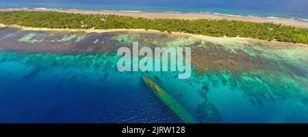 Aerial view of the wreck Prinz Eugen, a German heavy cruiser, sunken at 22nd December 1946, Kwajalein Atoll, Marshall Islands Stock Photo