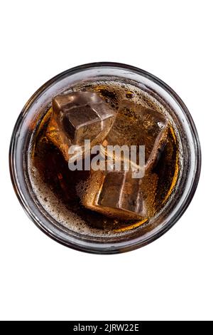 refreshing cola with ice cubes in a glass, top view, isolated on white Stock Photo