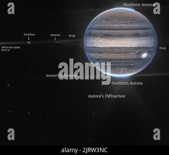 Images of Jupiter, the largest planet in our solar system shown in this enhanced color composite image with notations, captured by the James Webb Space Telescope and released from Goddard Space Flight Center, August 22, 2022 in Greenbelt, Maryland. The images show the giant storms, auroras and faint rings of the massive planet in more detail than ever seen. Stock Photo