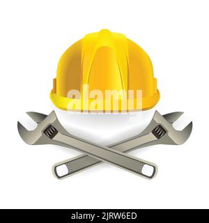 Isolated 3D Realistic Safety Wear Yellow Plastic Helmet and Screw Wrench Vector Illustration. Labor Day September. Industrial job worker head wear Stock Vector