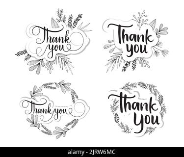Thank you script decorated by handdrawn outline floral vector illustration Stock Vector