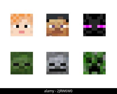 A set of colored square cartoon pixel heads isolated on a white background. A set of six character skins in the style of eight-bit games. Color pixel Stock Vector