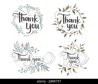 Thank you script decorated by watercolor floral illustration Stock Vector