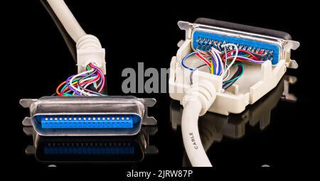 White data cables of open male connectors with reflection on black background. Close-up of two colored wires bundles inside computer printer interface. Stock Photo