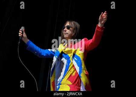 Scottish born frontman with alternative rock band Primal Scream, Robert "Bobby" Gillespie, musician, singer, songwriter and multi-instrumentalist performing live on stage at Victorious Festival. Gillespie played drums for the band The Jesus and Mary Chain. Prior to The Jesus and Mary Chain, he worked as a roadie for Altered Images and played bass in The Wake. Gillespie's style of drumming was minimal, with his drum kit consisting only of a snare and a floor tom, which he played standing up, an idea he borrowed from The Velvet Underground drummer Moe Tucker. Gillespie has also said that he play Stock Photo