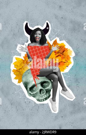 Collage artwork graphics picture of demon lady sitting big huge scull throne isolated painting background Stock Photo