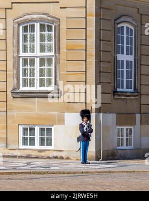 Palace guard on duty by his sentry box outside a Royal Palace at Amalienborg in Copenhagen Denmark Stock Photo