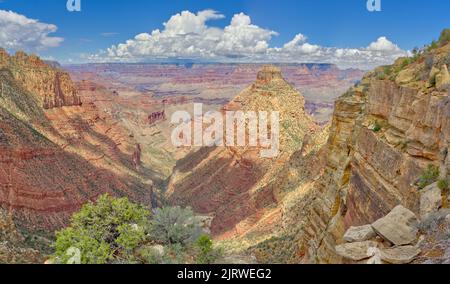 Hance Creek between Sinking Ship on the far left and Coronado Butte just right of center right at Grand Canyon Arizona. Viewed from Coronado Ridge. Stock Photo