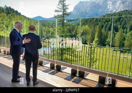 President Joe Biden takes in the view before his bilateral meeting with German Chancellor Olaf Scholz, Sunday, June 26, 202, at Schloss Elmau in Krün, Germany.(Official White House Photo by Adam Schultz) Stock Photo