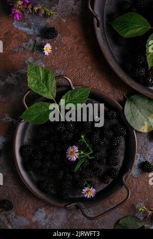 Fresh blackberries on a vintage metal plate Stock Photo