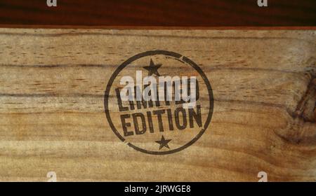 Limited Edition stamp printed on wooden box. Exclusive certificate concept. Stock Photo