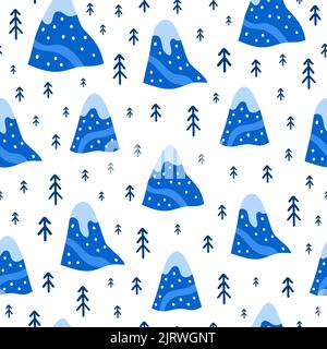 Seamless pattern with doodle blue mountains and fir trees in Scandinavian style. Perfect for kids design. Stock Vector