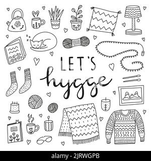 Set of doodle outline hygge icons in Scandinavian style and lettering isolated on white background. Nordic lifestyle poster. Stock Vector